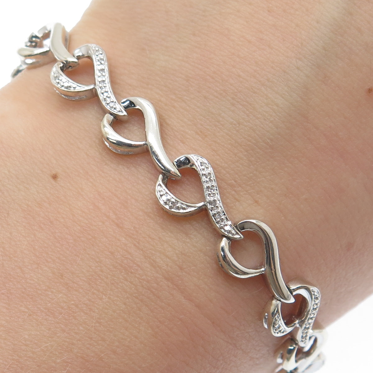 SUN 925 Sterling Silver Real Round-Cut Diamond Heart Link Bracelet 7"