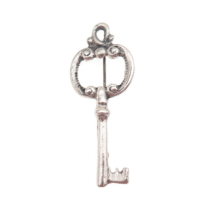 925 Sterling Silver Antique Art Deco Key Oxidized Pin Brooch