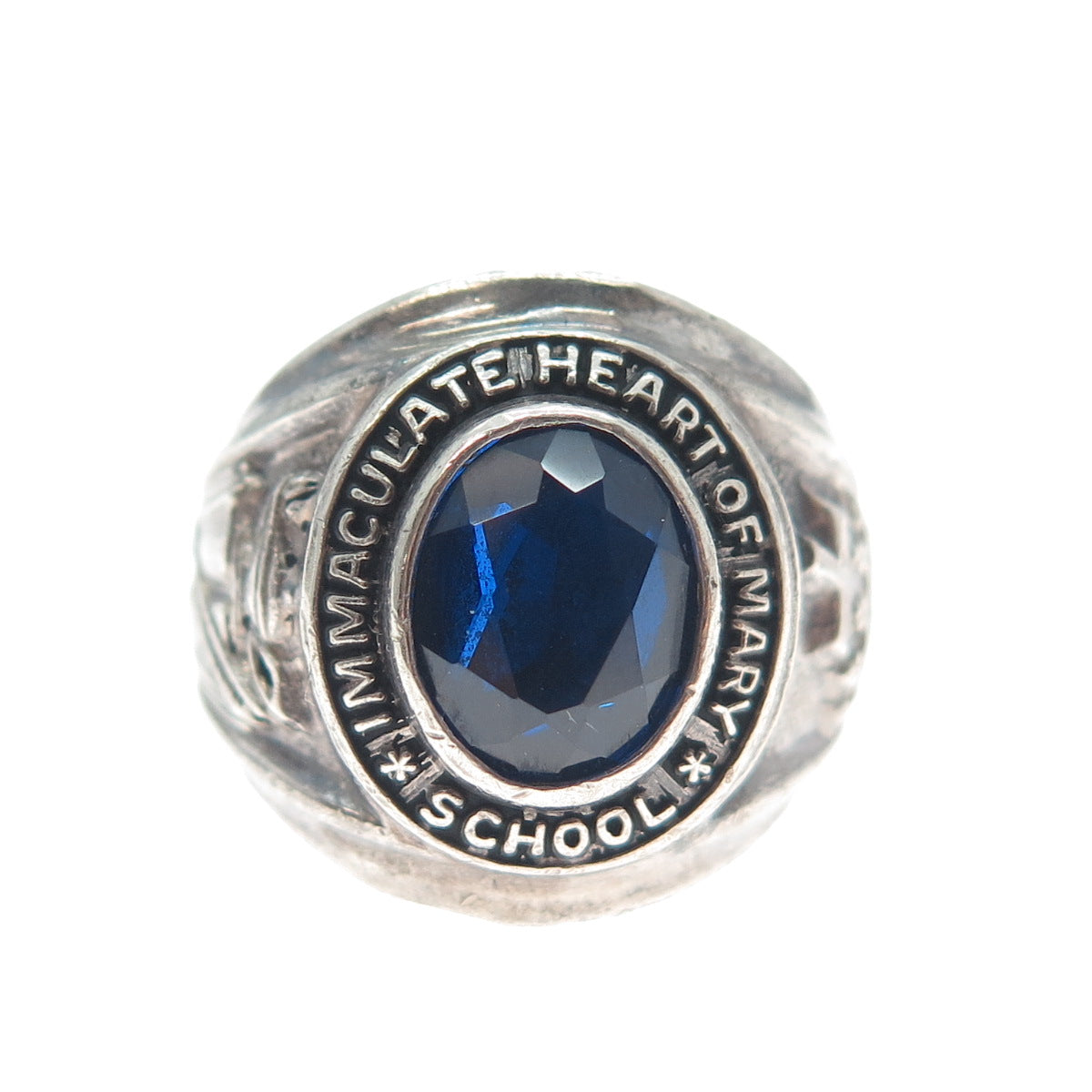 925 Sterling Silver Vintage 1972 Lab-Created Sapphire IHM School Ring Size 8.25