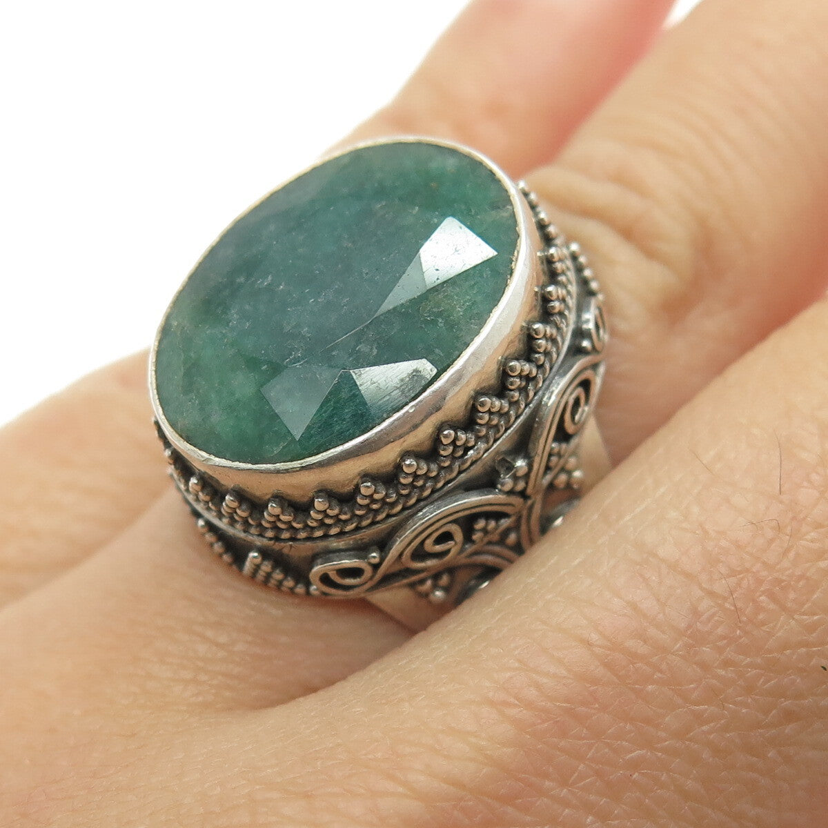925 Sterling Silver Vintage Real Zoisite Ruby Granulated Swirl Ring Size 6