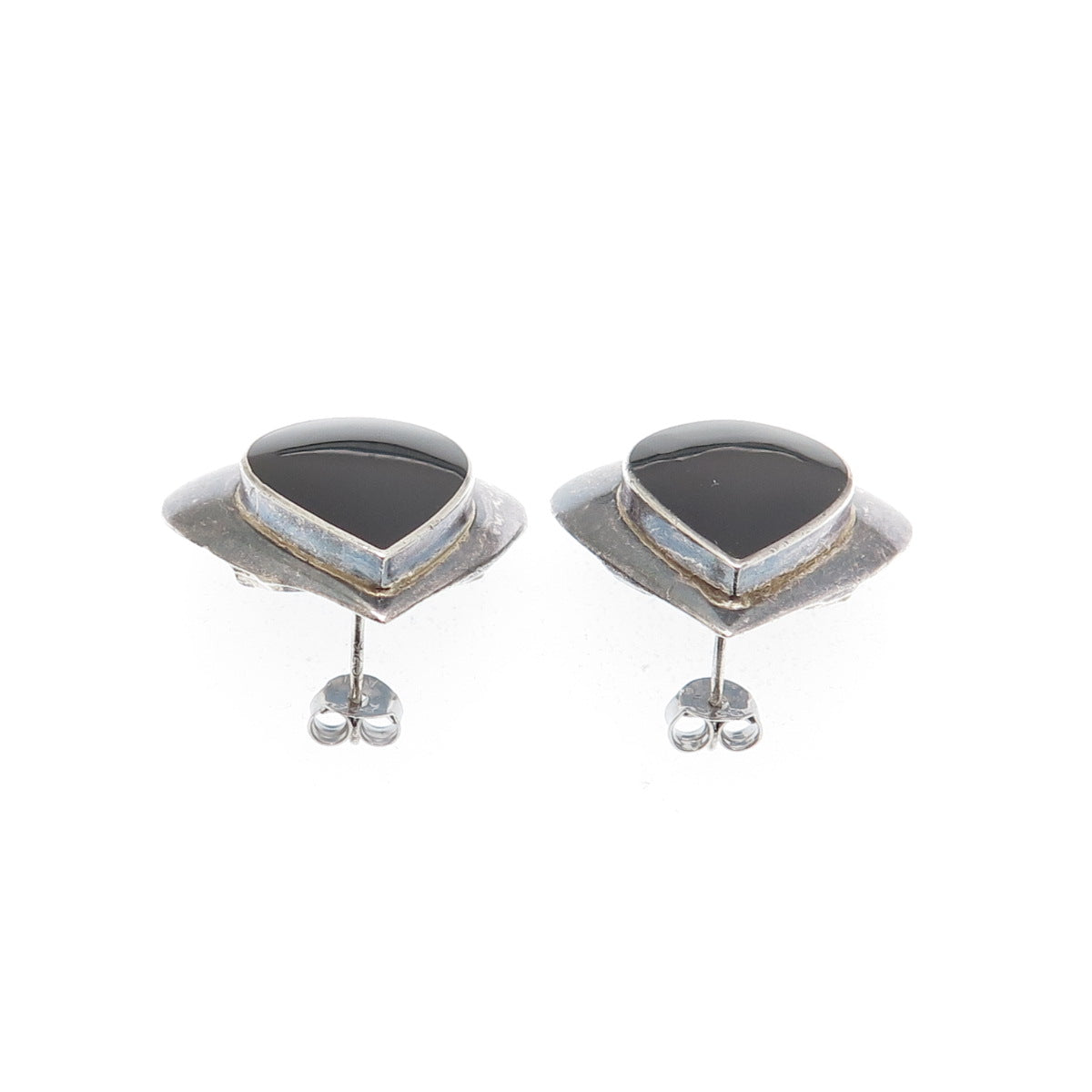 BOMA 925 Sterling Silver Vintage Black Onyx Modernist Oxidized Teardrop Earrings