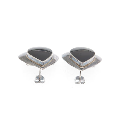 BOMA 925 Sterling Silver Vintage Black Onyx Modernist Oxidized Teardrop Earrings