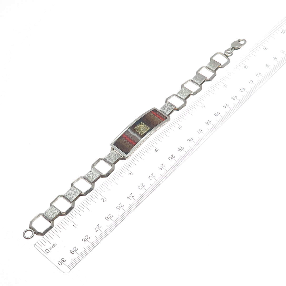 925 Sterling Silver 2-Tone Vintage Glass Mayan Tribal ID Oxidized Bracelet 8.25"