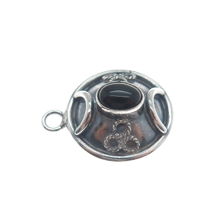 METSA 925 Sterling Silver Vintage Real Black Onyx Ornate Oxidized Charm Pendant