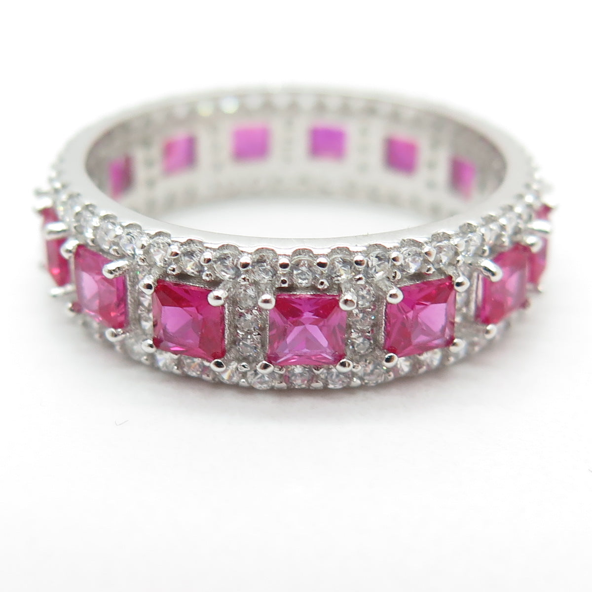 925 Sterling Silver Lab-Created Pink Sapphire & C Z Eternity Band Ring Size 9.25