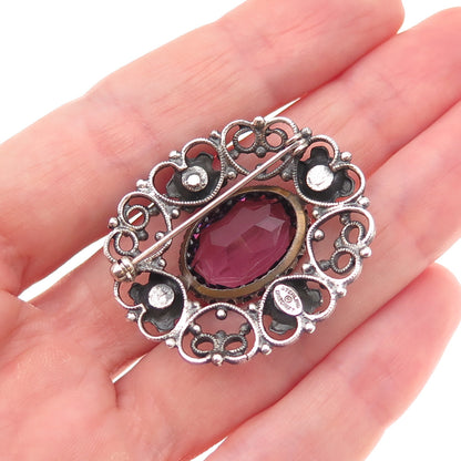 Danecraft Sterling Silver Antique Art Deco Real Amethyst Floral Heart Pin Brooch