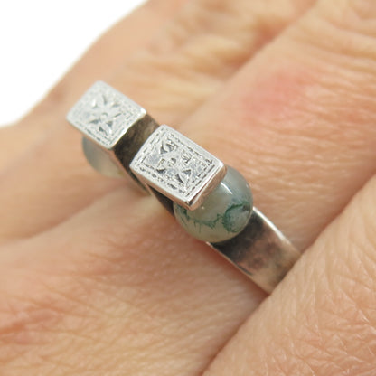 925 Sterling Silver Vintage Siam Real Agate Gem Engraved Gap Ring Size 8.75