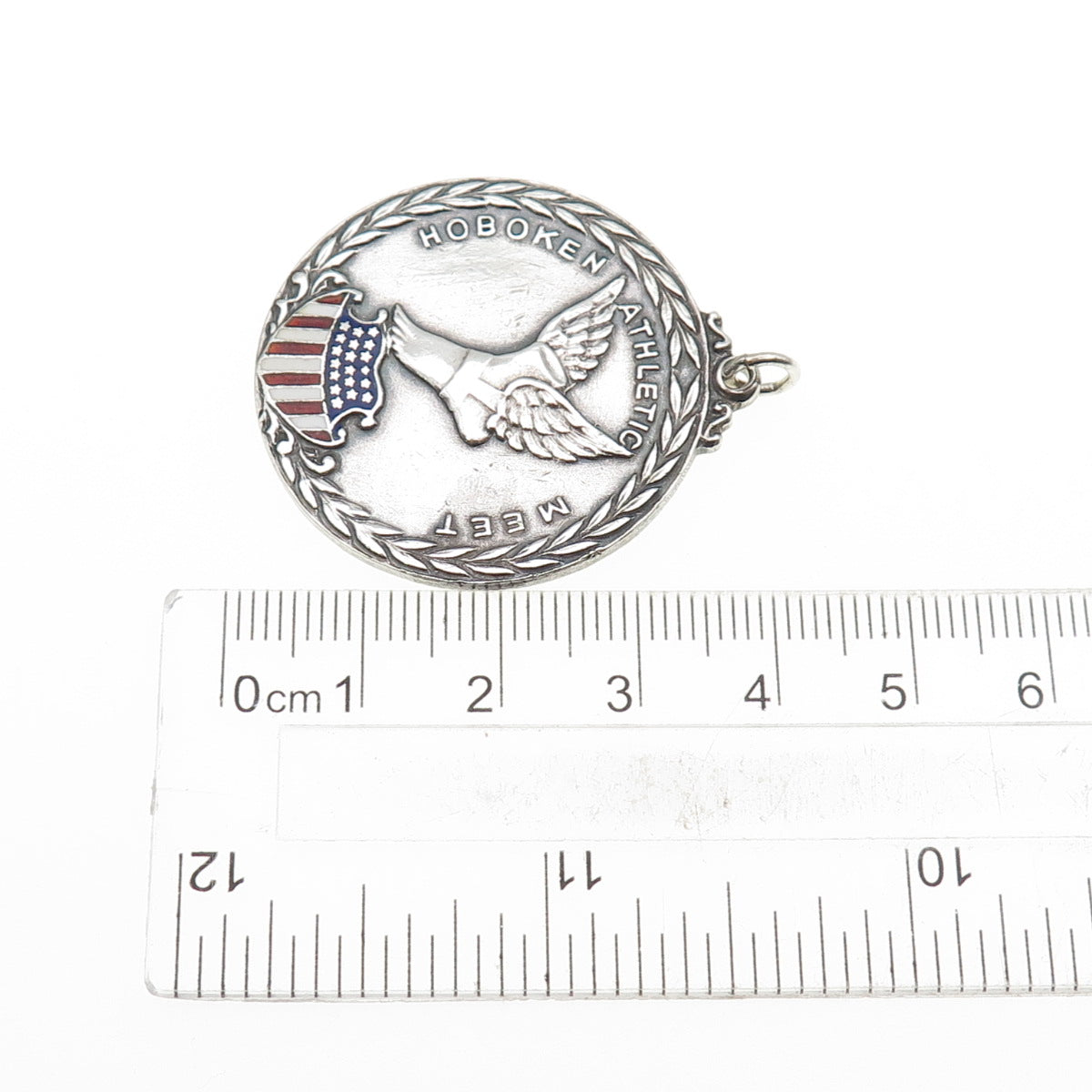 925 Sterling Silver Antique Art Deco Enamel Hoboken Athletic Meet Medal Pendant
