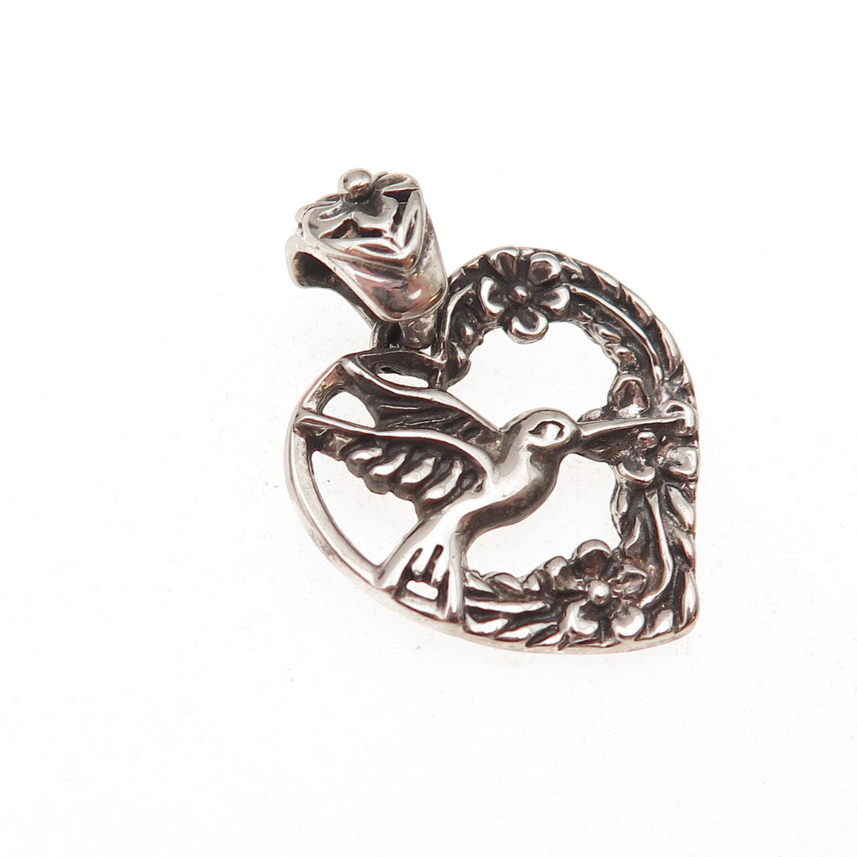 925 Sterling Silver Vintage Hummingbird Heart Oxidized Charm Pendant