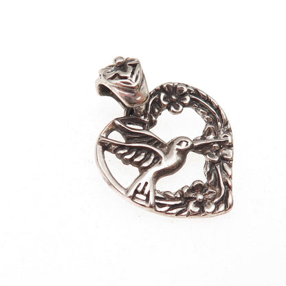 925 Sterling Silver Vintage Hummingbird Heart Oxidized Charm Pendant