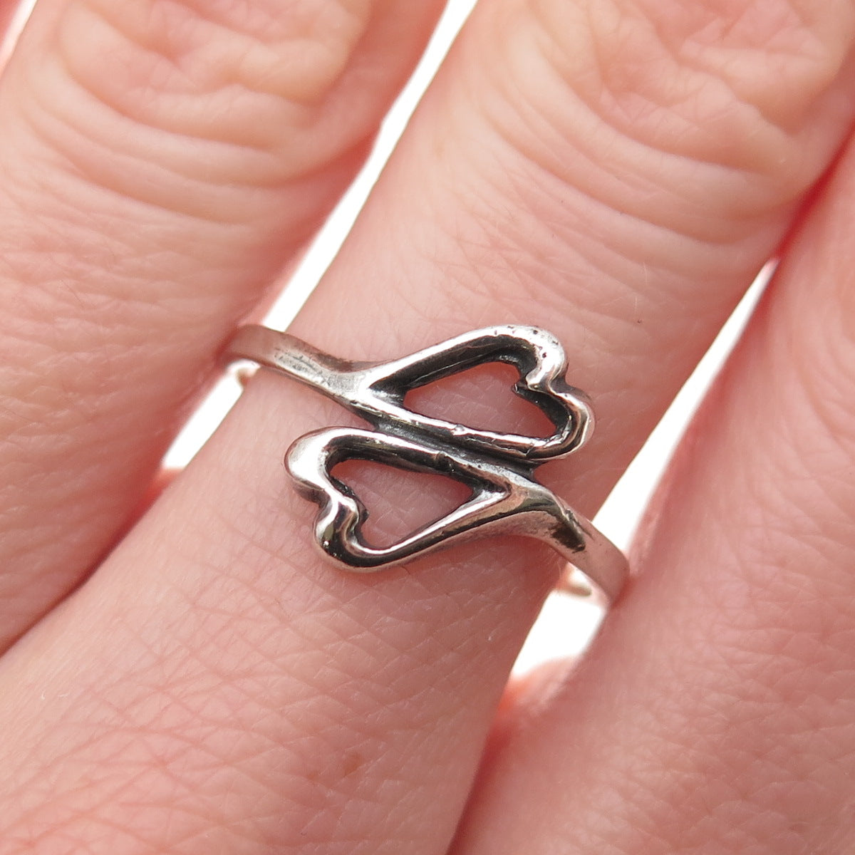 925 Sterling Silver Vintage Poland Modernist Heart Oxidized Bypass Ring Size 8
