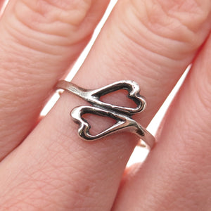 925 Sterling Silver Vintage Poland Modernist Heart Oxidized Bypass Ring Size 8