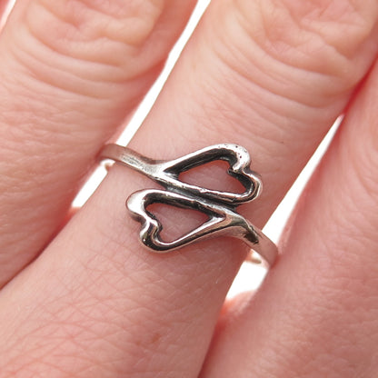 925 Sterling Silver Vintage Poland Modernist Heart Oxidized Bypass Ring Size 8