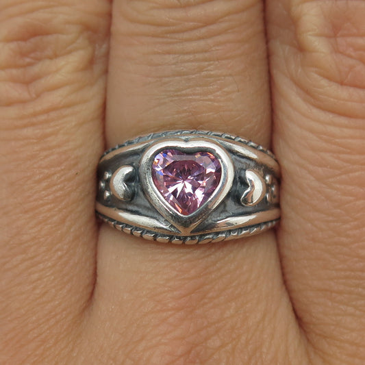 SHUBE 925 Sterling Silver Vintage Heart-Cut Pink C Z Love Ring Size 7.75