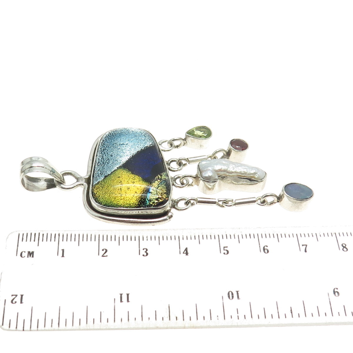 925 Sterling Vintage Dichroic Glass Pearl Garnet Peridot Opal Modernist Pendant