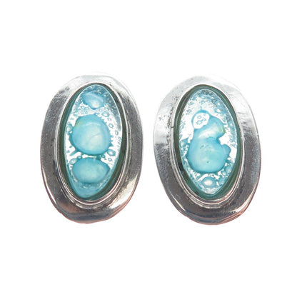925 Sterling Silver Vintage Aqua Bubble Glass Modernist Earrings