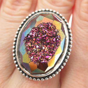 COLLEEN LOPEZ 925 Sterling Vintage Real Rainbow Druze Adjustable Ring Size 8.25