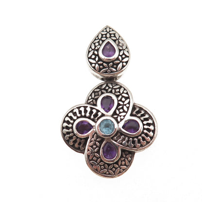 CNA Pranda 925 Sterling Vintage Real Amethyst & Blue Topaz Floral Slide Pendant