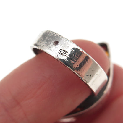 925 Sterling Silver Vintage Real Amber Modernist Oxidized Ring Size 6.75