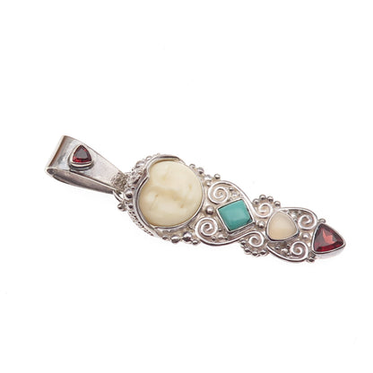 SAJEN 925 Sterling Silver Vintage Real Turquoise Garnet & Agate Goddess Pendant