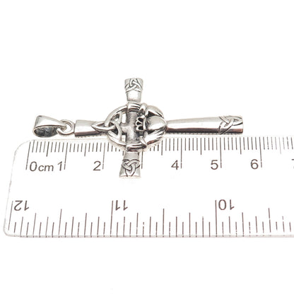 925 Sterling Silver Vintage Irish Claddagh Celtic Cross Oxidized Charm Pendant