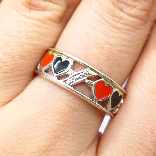 925 Sterling Silver Vintage Gainsboro Colorful Enamel Heart Band Ring Size 8.5