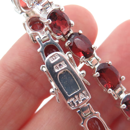 925 Sterling Silver Vintage Real Oval-Cut Red Garnet Tennis Link Bracelet 8"