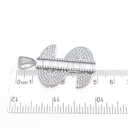 925 Sterling Silver Round & Baguette-Cut Dollar Sign Charm Pendant