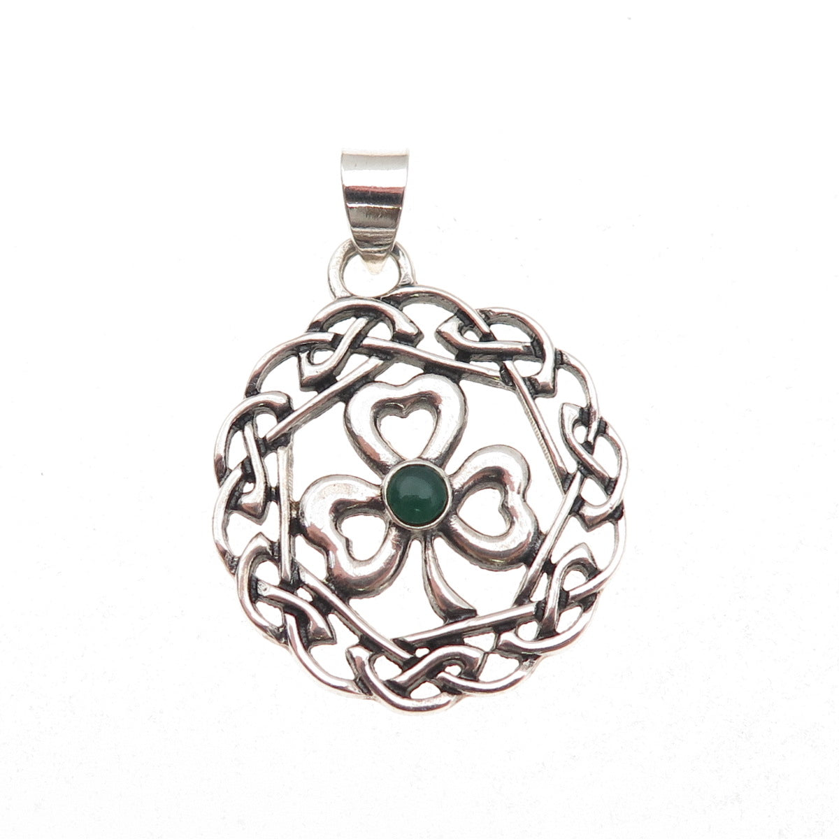 925 Sterling Silver Vintage Real Green Onyx Clover Celtic Knot Charm Pendant