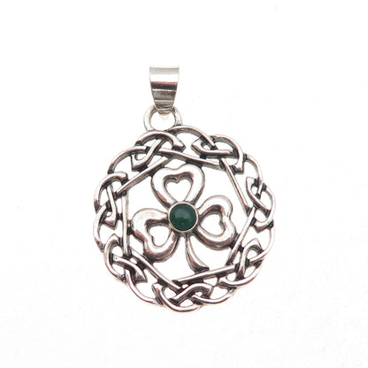 925 Sterling Silver Vintage Real Green Onyx Clover Celtic Knot Charm Pendant