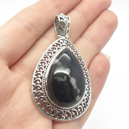925 Sterling Silver Vintage Real Snowflake Obsidian Gem Teardrop Pendant