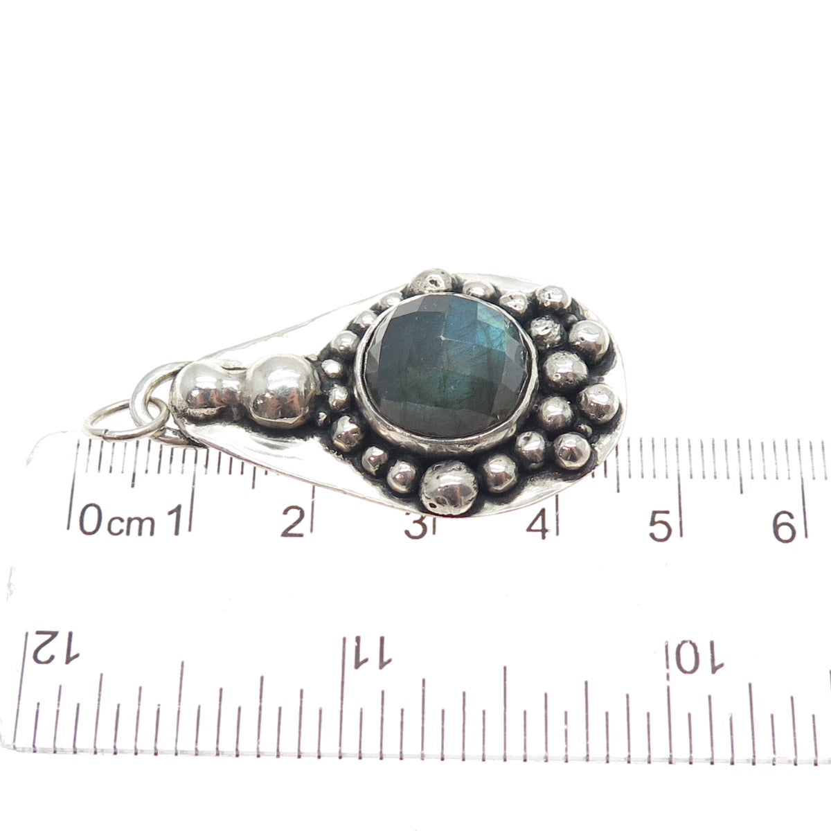 925 Sterling Silver Vintage Real Labradorite Modernist Beaded Oxidized Pendant