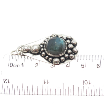 925 Sterling Silver Vintage Real Labradorite Modernist Beaded Oxidized Pendant