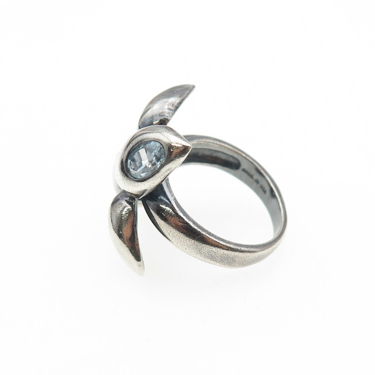 925 Sterling Silver Vintage Real Blue Topaz Modernist Oxidized Ring Size 6