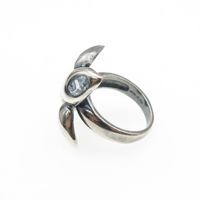 925 Sterling Silver Vintage Real Blue Topaz Modernist Oxidized Ring Size 6