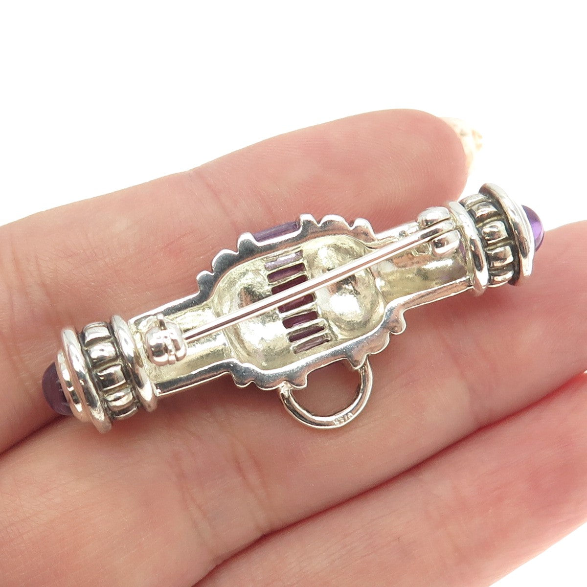 925 Sterling Silver Vintage Real Amethyst Gemstone Amulet Pin Brooch / Pendant