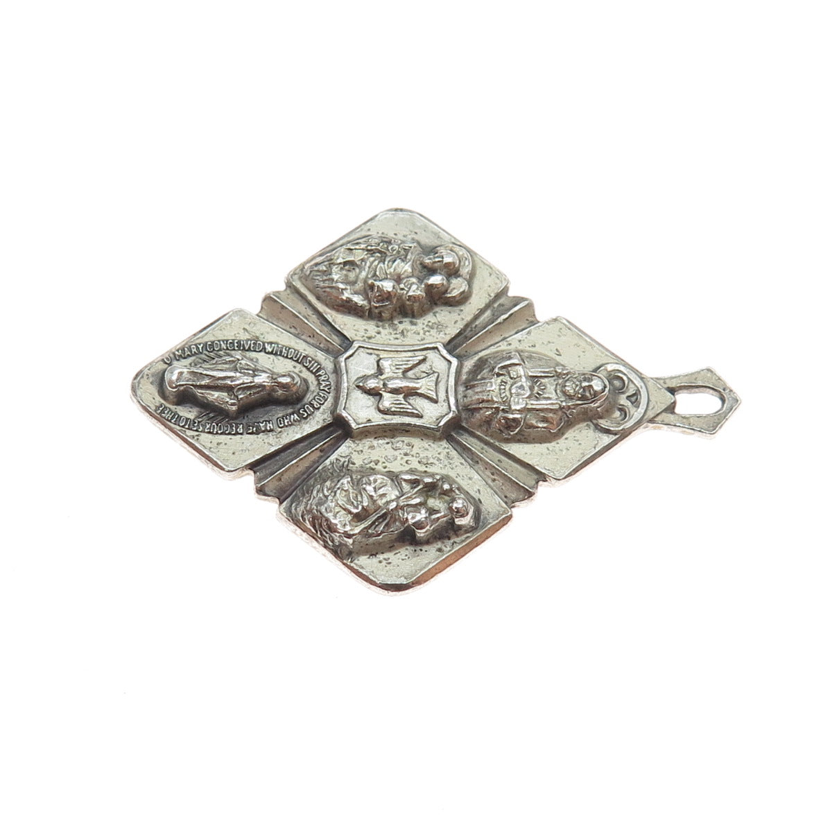 A. Gale 925 Sterling Silver Antique Art Deco 4-Way Religious Medal Charm Pendant