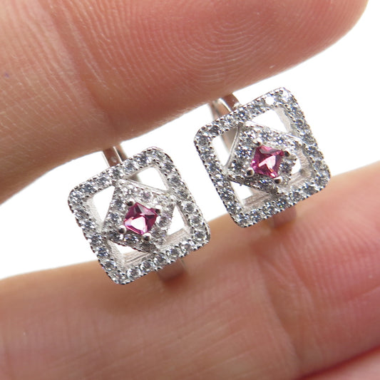 925 Sterling Silver Pink Princess-Cut & White Round-Cut Shaped C Z Hoop Earrings