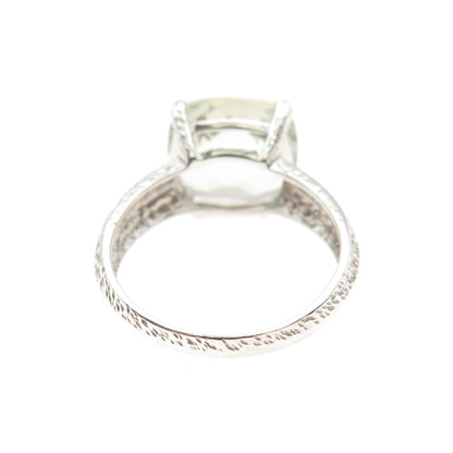 925 Sterling Silver Real Cushion-Cut Green Amethyst Modernist Ring Size 8.25