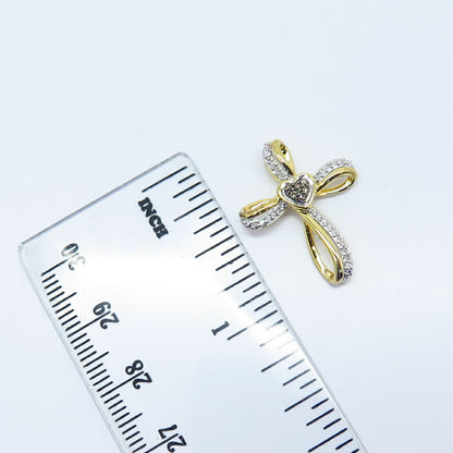 925 Sterling Silver Gold Plated SUN Real White Diamond Cross Slide Pendant