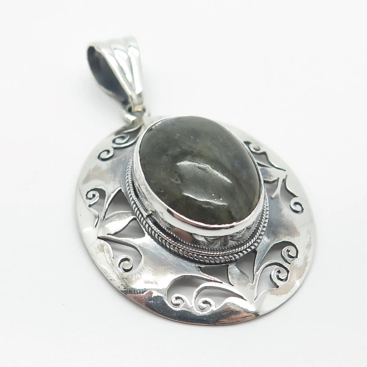 925 Sterling Silver Vintage Real Labradorite Gemstone Ornate Pendant