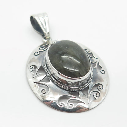 925 Sterling Silver Vintage Real Labradorite Gemstone Ornate Pendant