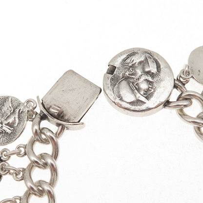 925 Sterling Silver Antique Art Deco Roman Coin Cha Cha Charm Bracelet 7" #1156
