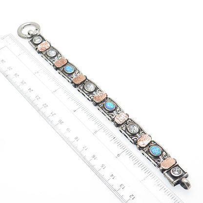 925 Sterling Silver 14K Rose Gold Vintage Real Opal & C Z Ornate Bracelet 7.75"