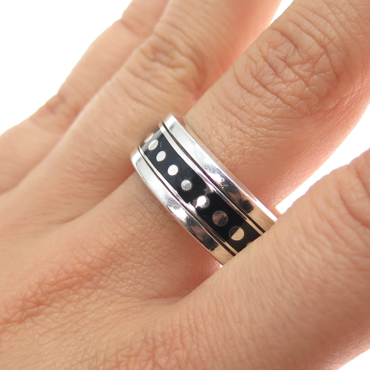 925 Sterling Silver Vintage Mexico Enamel Rotating Dotted Band Ring Size 15