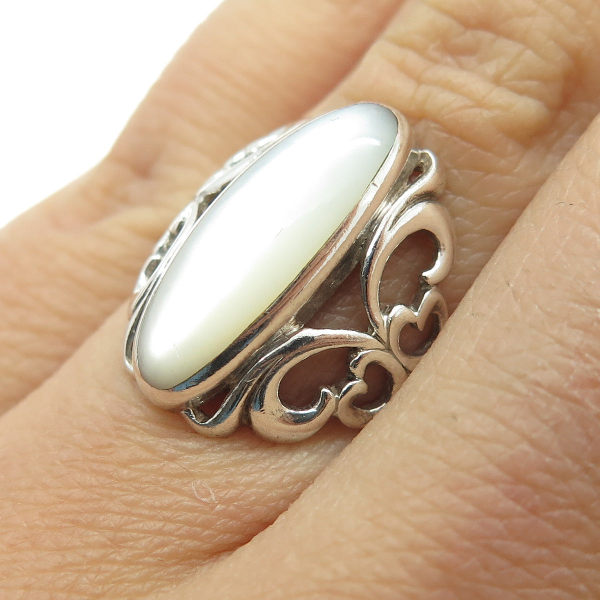 KABANA 925 Sterling Silver Vintage Real Mother-of-Pearl Swirl Ring Size 6.25