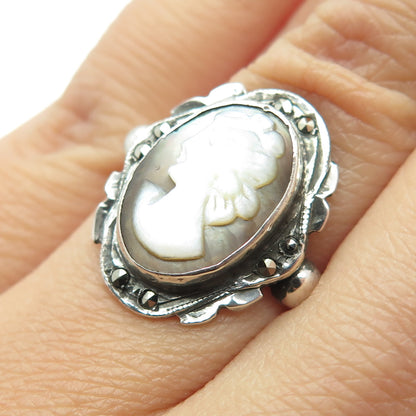 800 Silver Antique Real Marcasite Gemstone Cameo Victorian Lady Ring Size 6.25