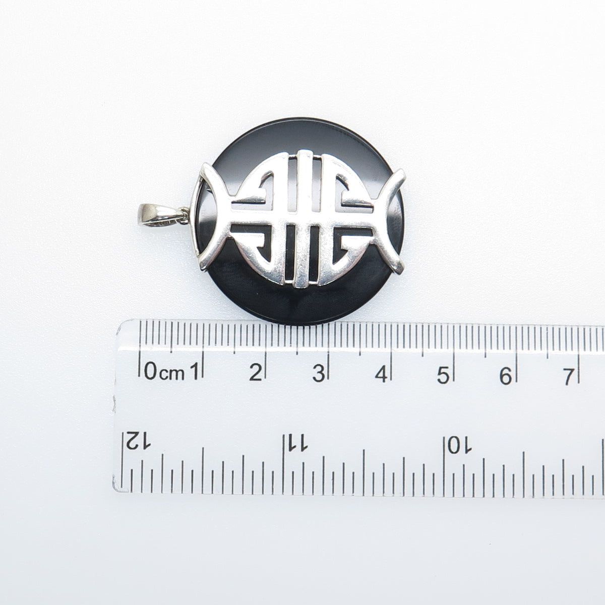 925 Sterling Silver Vintage Real Black Onyx Chinese Character Good Luck Pendant