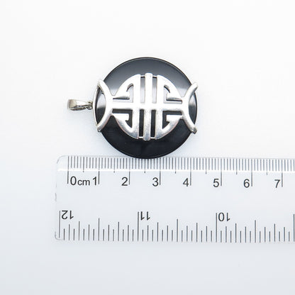 925 Sterling Silver Vintage Real Black Onyx Chinese Character Good Luck Pendant
