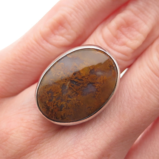 Calvert 925 Sterling Silver Vintage Real Agate Modernist Oxidized Ring Size 4.75